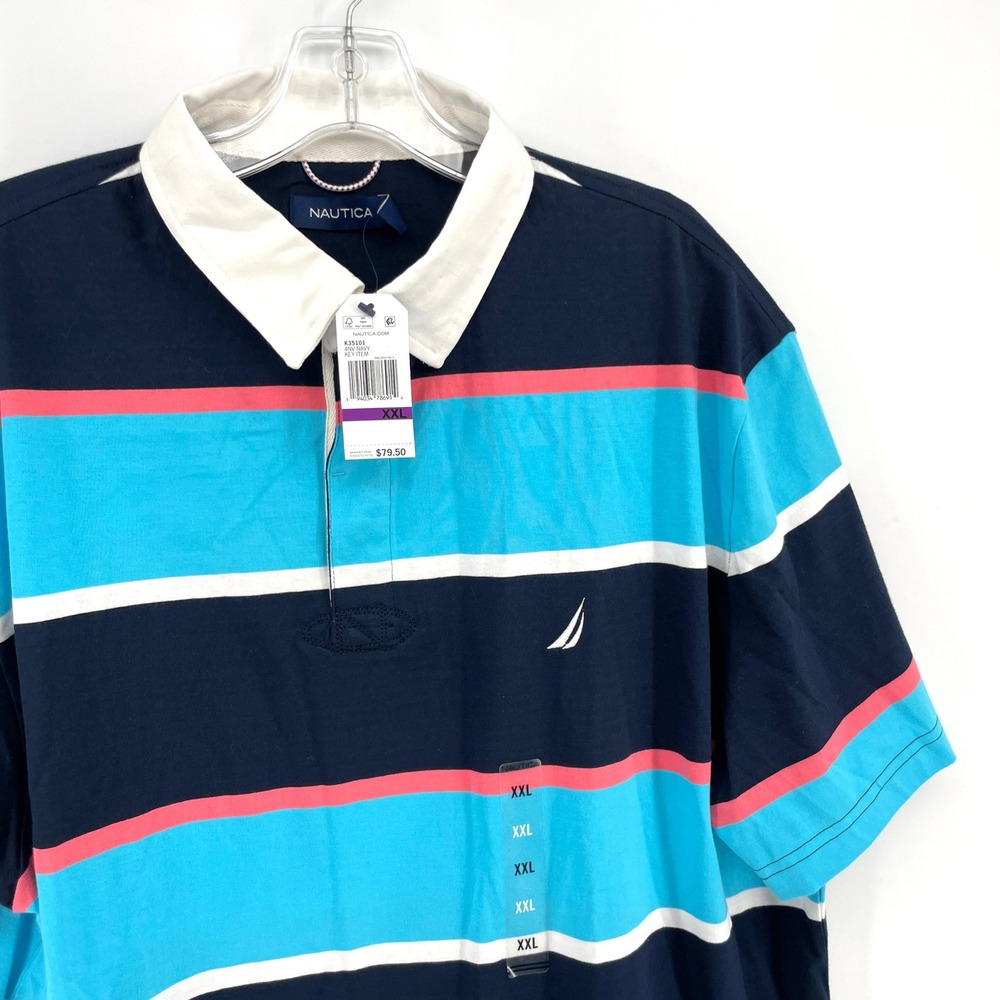 Nautica Mens XXL Striped Rugby Polo Shirt Navy Blue Teal Pink K35101 NWT